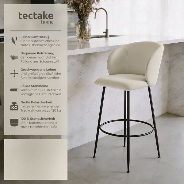 tectake Barhocker Barstuhl Luana, mit Rückenlehne, Samtoptik, 51 x 60 x 106 cm, Belastbarkeit 120 kg