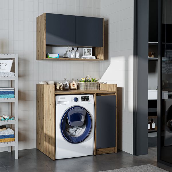 Roomart Waschmaschinenschrank DERIN-II – Waschmaschinen-Überbauschrank – 100×180×65 cm – Waschküchen- & Hauswirtschaftsschrank • Anthrazit-Eiche