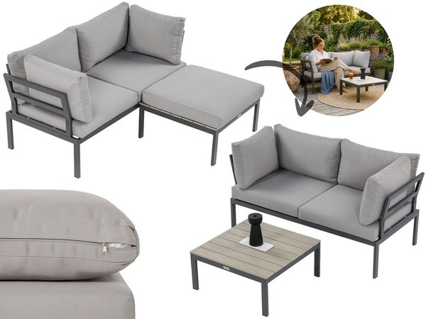 Beautysofa Gartenlounge-Set SANTORINI Hellgrau, modulares Ecksofa mit Couchtisch, (verzinkter Stahl pulverbeschichtet, 7 Kissen, 2-tlg, Sofa + quadratischer Tisch), skandinavischer Stil, kompakte Outdoor Lounge für Garten