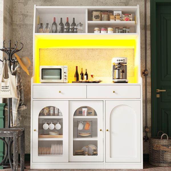 LED-Hochschrank 120×40×180 cm, App-gesteuert, Glasschiebetüren, Aluminiumgriffe, 2 Schubladen, verstellbare Einlegeböden, 180cmx120cmx40cm, Weiß