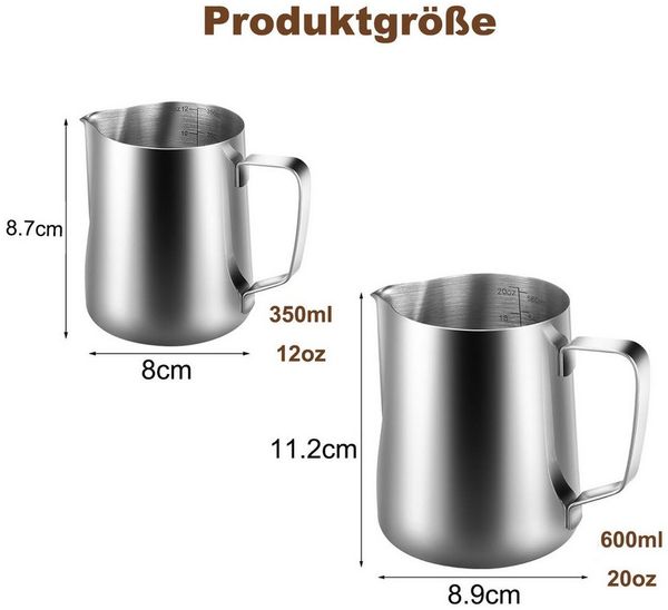 SURFOU Milchkännchen Edelstahl Milchkanne Barista Zubehör Milchaufschäumer Milchbehälter, 0.35 l, (Handheld Aufschäumkännchen Set, Kaffee Creamer Milch Aufschäumer Kännchen Tasse mit Messung Mark und Latte Art Pen, Milchkännchen perfekt für Barista Cap...