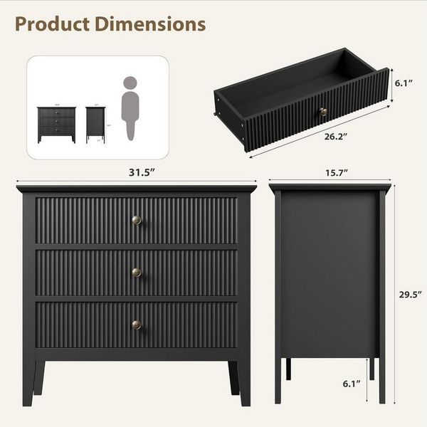 GarveeMore Kommode mit 3 Schubladen,Holzkommode mit geriffeltem Design, mit Metallbeinen und Kippschutz-Set für Schlafzimmer oder Wohnzimmer