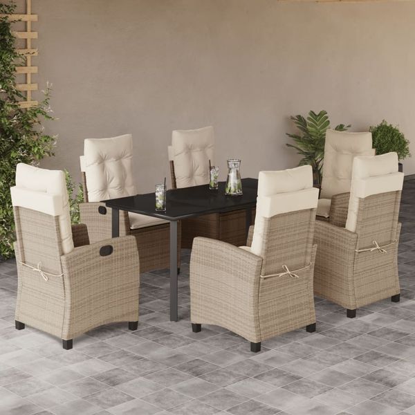 vidaXL 7-tlg. Garten-Essgruppe mit Kissen Beige Poly Rattan 3212817