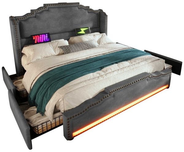 BlingBin Polsterbett Doppelbett Stauraumbett Jugendbett (1-tlg, Vintage-Bettgestell mit LED-Stimmungsbeleuchtung, USB-Ladeanschlüssen), Stilvolle Kombination aus Samt, Metall und Massivholz