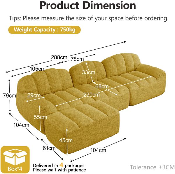 Modulares Sofa aus Granuliertem Fleece, L-Form & 3-Sitzer, 228x165x79 cm, Gelb Bild 3
