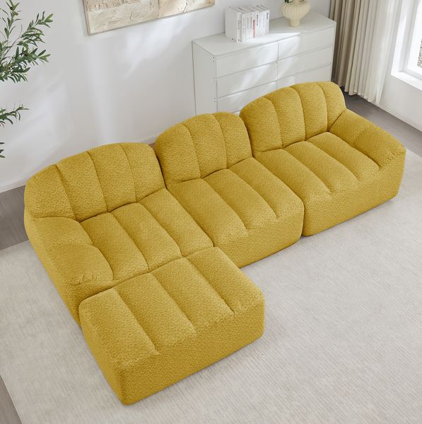 Modulares Sofa aus Granuliertem Fleece, L-Form & 3-Sitzer, 228 x 165 x 79 cm, Gelb