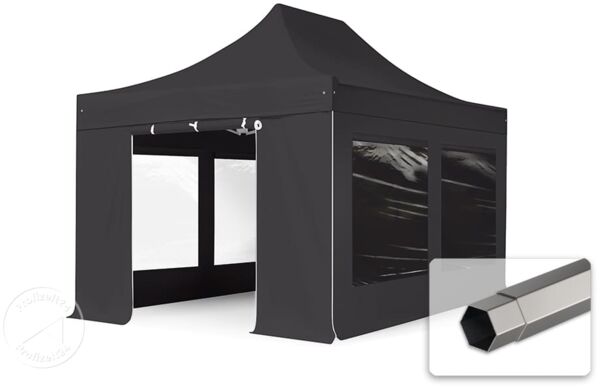 3x4,5 m Faltpavillon, PREMIUM Stahl 40mm, feuersicher, Seitenteile mit Panoramafenstern, schwarz