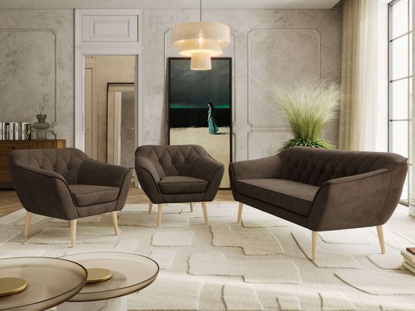 Wohnzimmerset PIRS 1-1-3, Skandinavisches 3-Sitzer Sofa mit Sesseln, Sofa mit Wellenfederung, Buche Füße, Skandinavisches Möbelset - Braun Velvet