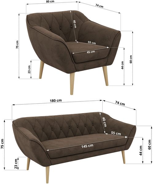 Wohnzimmerset PIRS 1-1-3, Skandinavisches 3-Sitzer Sofa mit Sesseln, Sofa mit Wellenfederung, Buche Füße, Skandinavisches Möbelset - Braun Velvet Bild 5