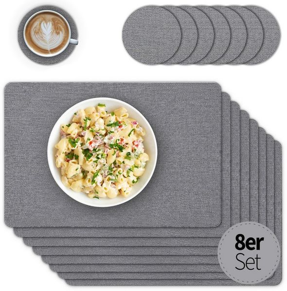 matches21 HOME & HOBBY Platzset Tischsets mit Glasuntersetzer 8er Set Grau Leinen Stoff-Optik, (8-St), Abwaschbare hitzebeständige PVC Platzsets