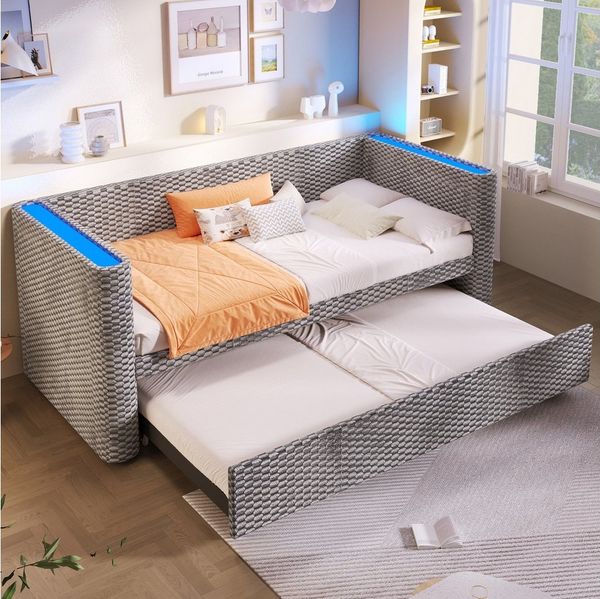 Flieks Daybett, LED Polsterbett Kinderbett Schlafsofa 90/180×200cm mit Ausziehbett