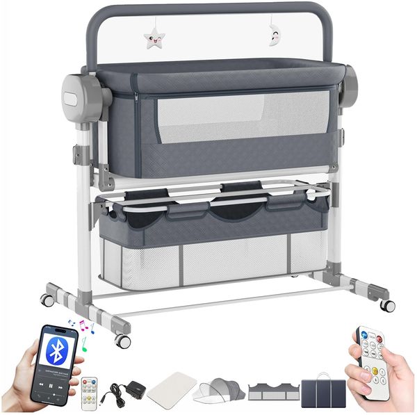 Magic ZC Elektrische Bluetooth Intelligent Beistellbett Baby mit Rollen, Convertible Faltbar Co-Sleeping Babybett, Fernbedienung, 5-schwankende Zahnräder, Stubenwagen Wiege mit Musik (608 Grey)