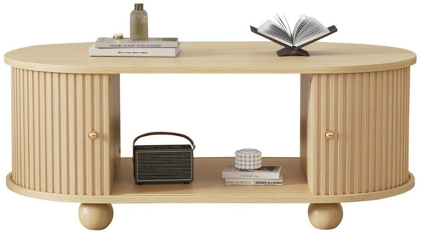 Merax Couchtisch Ovaler Beistelltisch in Holzoptik (1-St), Kaffeetisch Wohnzimmertisch mit Stauraum und Schiebetüren, B: 100cm