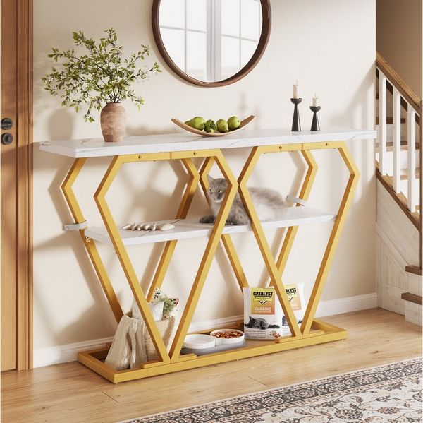 Flieks Konsolentisch (1-St, 120 x 29,5 x 80 cm), Flurtisch mit Ablagen Beistelltisch Sofatisch Marmoroptik, Weiß/Gold