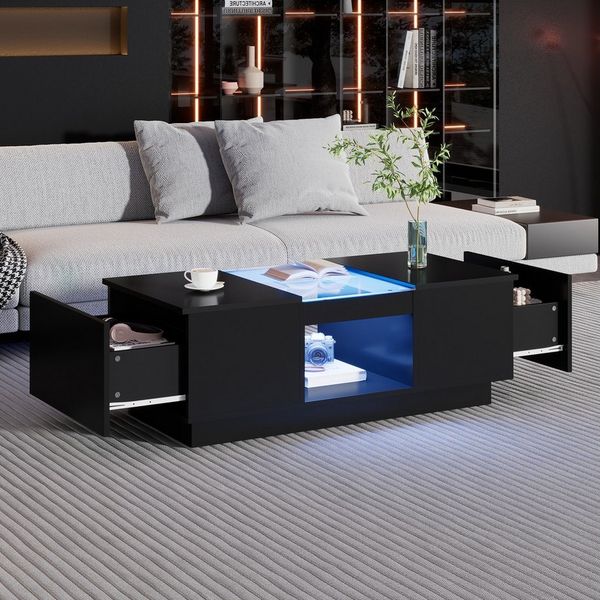 BlingBin Couchtisch Wohnzimmertisch 100x50x35,5 cm – mit Glasverkleidung (1er Set, 1-St, Couchtisch mit 2 Schubladen und 1 offenes Fach), LED-Beleuchtung, App-Steuerung