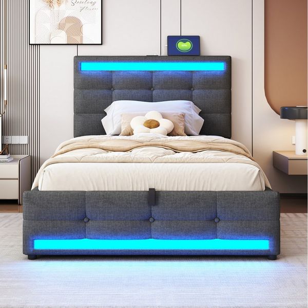 STILVORA Polsterbett 90×200 mit Stauraum,Kinderbett mit Lattenrost,Funktionbett mit USB (mit hydraulischem Stauraum, RGB-LED-Licht und USB-Anschlüssen, mit verstellbarem Kopfteil 90x200 cm), ohne Matratze