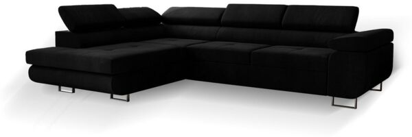 Goldstoff Ecksofa mit Schlaffunktion - Designersofa, Sofa mit Bettfunktion & Bettkasten, Schlafsofa RIVIA, multifunktionale Couch mit verstellbaren Kopfstützen in schwarz