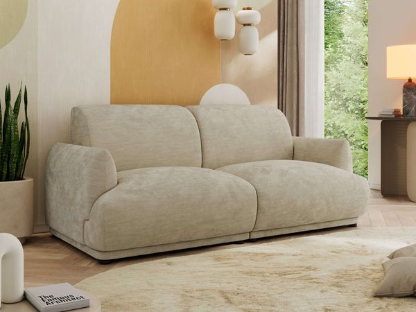 Modernes Design Sofa PUNTA 206 cm 3-Sitzer HR-Schaum Rückenlehne, Wellenfederung, Massivholzrahmen, Sofa mit Armlehnen - Beige Schenille glatt