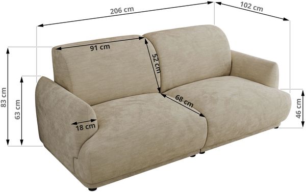 Modernes Design Sofa PUNTA 206 cm 3-Sitzer HR-Schaum Rückenlehne, Wellenfederung, Massivholzrahmen, Sofa mit Armlehnen - Beige Schenille glatt Bild 8