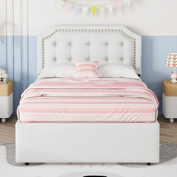 Merax Einzelbett, 90*200 cm Polsterbett, mit dekorativen Nieten, doppelte Schubladen, Weiß