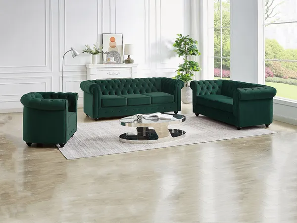 Vente-unique - CHESTERFIELD Sofa and armchair set SamtStoff Grün - B 78 cm88 cm x H 72 cm x L 85 cm205 cm165 cm
