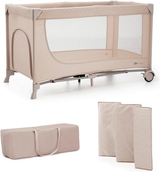 Kinderkraft Joy 2 Kinderbett, 2 in 1 Kinderreisebett, Babybetten, Kinderbett, Reisebett, Modernes Design, Kleine Abmessungen nach Zusammenklappe, Räder, Beige