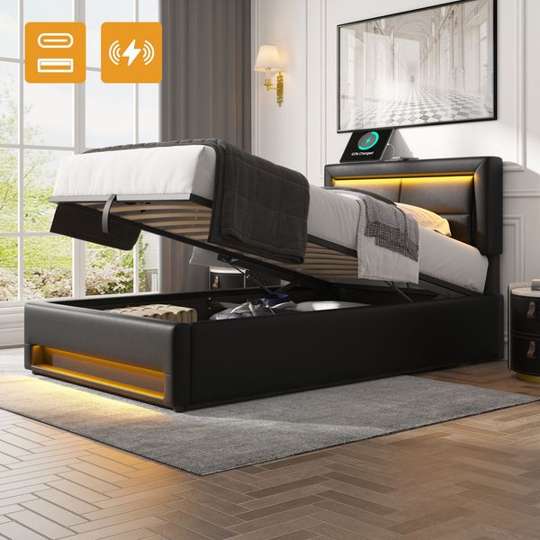 Polsterbett 90x200 cm, mit USB-Anschluss (unterstützt kabelloses und kabelgebundenes Laden), mit LED-Beleuchtung und Stauraum, ohne Matratze, PU-Litschi-Muster , Schwarz