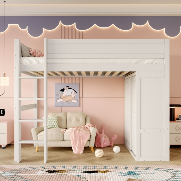 Hochbett 90x200 für Kinder, Kiefernholz, mit Kleiderschrank & Staufach, sicherer Leiter, platzsparendes Kinderbett für flexible Raumnutzung