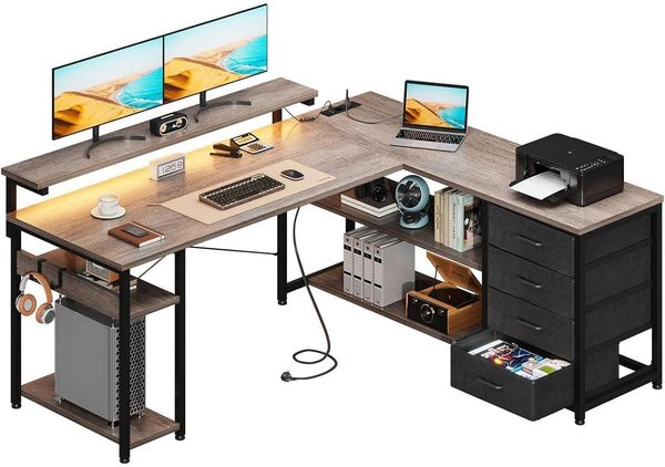 ODK Gaming Schreibtisch L Form LED USB Steckdosen Graueiche
