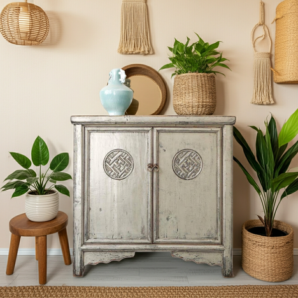 Asiatisches Schränkchen Hellgrau Kommode vintage Sideboard asiatisch Kolonial-Stil Antik-Stil Wandschrank orientalisch Fernost shabby-chic Landhaus