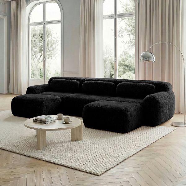Flieks 3-Sitzer Sofa, U-förmiges Sofa, Schlafsofa, rahmenlos modular mit 2 Ottoman & 3 Kissen, rutschfester Boden, Plüsch, Schwarz