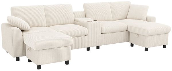 U-fürmiges Sofa aus Corduroy, inklusive 2 Fußhockern mit Staufunktion, Couchtisch mit 2 Getränkehaltern, 1 USB-Anschluss, 2 Steckdosen und 2 Type-C-Anschl ssen, Beige