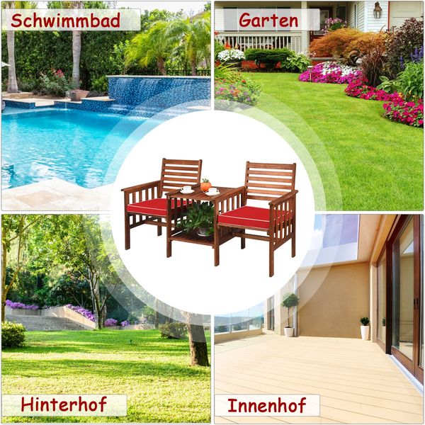 Gartenbank mit Tisch 2-Sitzer Holzbank mit Sitzkissen &Schirmloch Rot