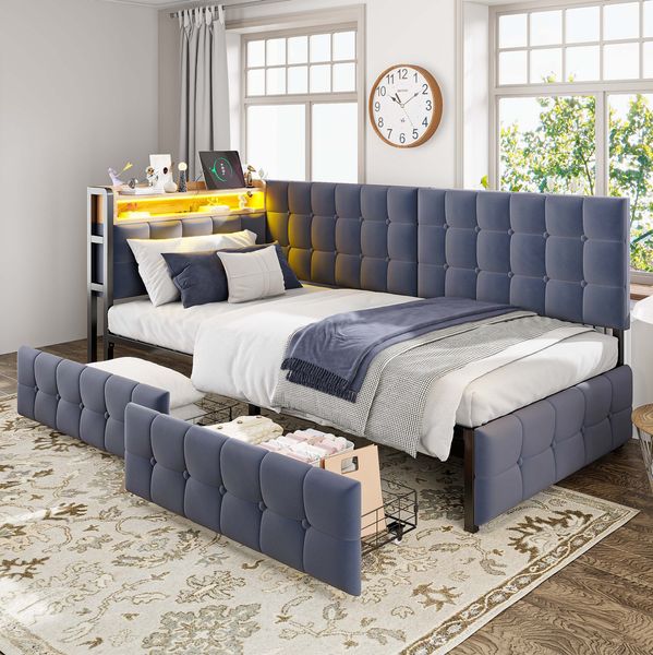 Polsterbett 90x200 cm mit Stauraum und LED-Beleuchtung, mit USB- und Type-C-Anschlüssen