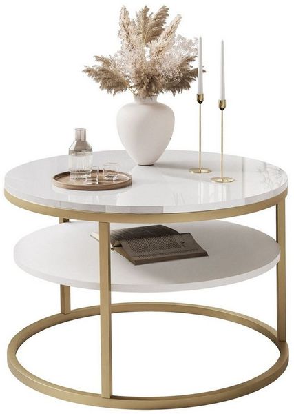 Lookway Couchtisch Ciri 60 mit Ablage, goldenem Gestell und Hochglanzplatte (1 Tische), Durchmesser: ⌀60 cm