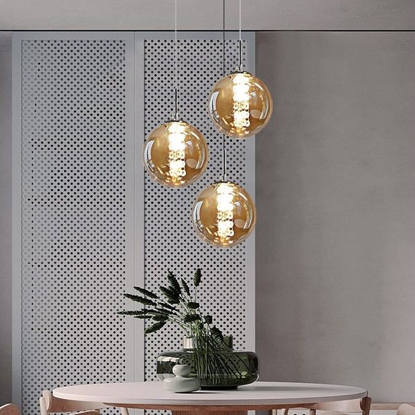 ZMH Pendelleuchte Esstisch 150CM Höhenverstellbar Pendellampe Kronleuchte Wohnzimmer, Glaskugel Hochwertige Design, LED wechselbar, 3-Flammig Bernstein Esszimmerlampe Schlafzimmer
