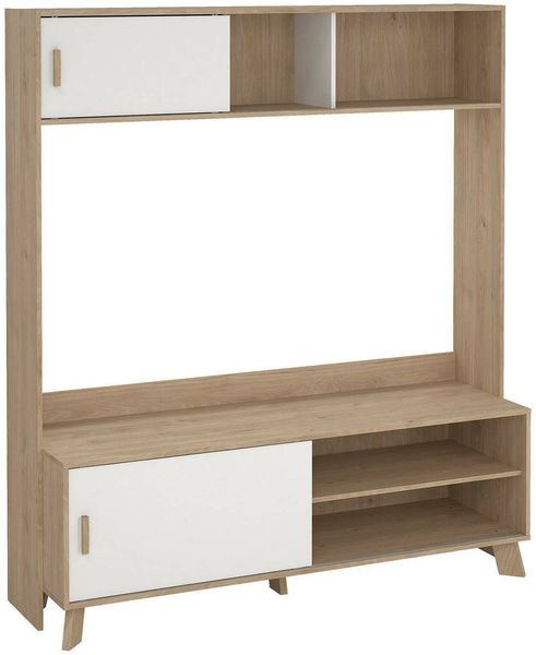 Dmora Fernsehschrank Nicosia, Ständer für Wohnzimmerfernseher, Niedriges Wohnzimmer-Sideboard, TV-Ständerbasis, 159x48 h181 cm, Eiche und Weiß