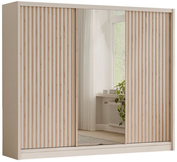 Deine Möbel 24 Schwebetürenschrank NEW YORK LUX Kleiderschrank mit Spiegel und Lamellen, 250 oder 203 cm (Set, 1-St, ideal für Schalfzimmer & Flur) in Kaschmir, modern, mit viel Stauraum