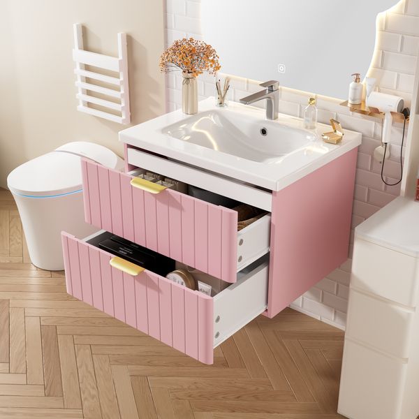 Merax Waschtischunterschrank, Hängendes Einzelbecken-Waschschrank mit Waschbecken, doppelter Aufbewahrung, feuchtigkeitsbeständigem MDF, schmutzresistenter Keramikwaschbecken, Rosa