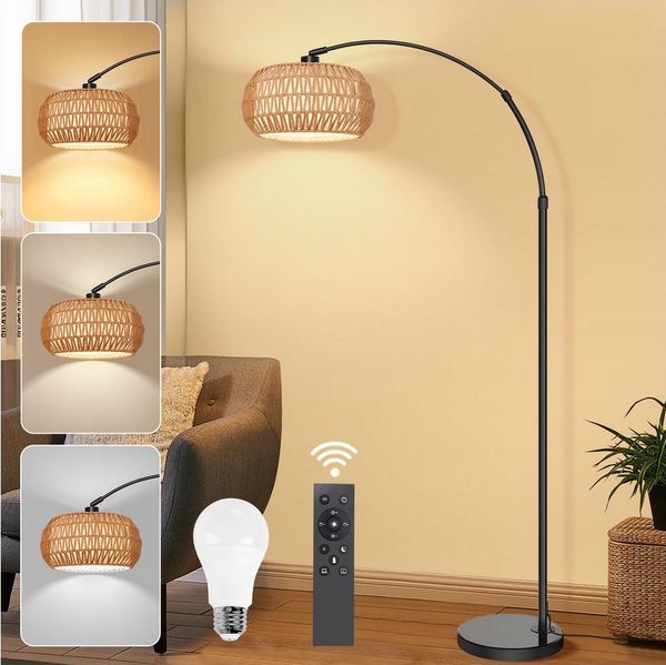 Jibenhome LED Stehlampe Rattan Boho LED Stehlampe Dimmable mit Fernbedienung,183cm, für Schlafzimmer, Wohnzimmer, Büro