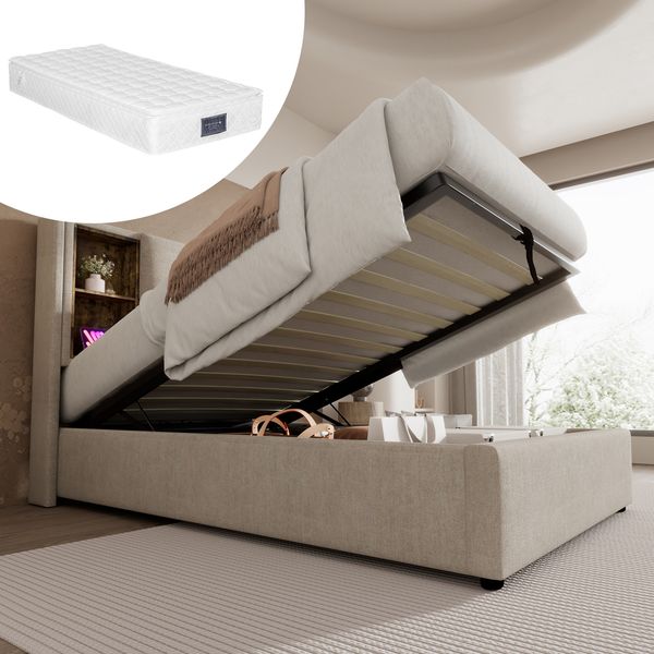 Polsterbett 90×200 cm aus Leinen-Stoff mit kabelloser Ladefunktion und Matratze, natur