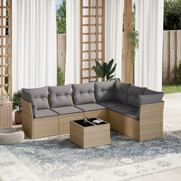 vidaXL 7-tlg. Garten-Sofagarnitur mit Kissen Beige Poly Rattan 3217689