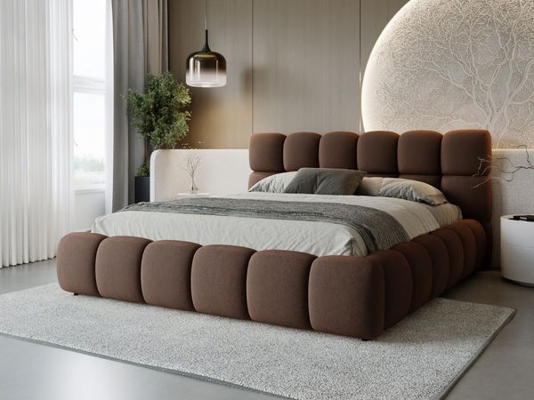 GRAINGOLD Modo Polsterbett 200x200, Doppelbett mit Kopfteil, groß Stauraum, Velour-Stoff, Braun
