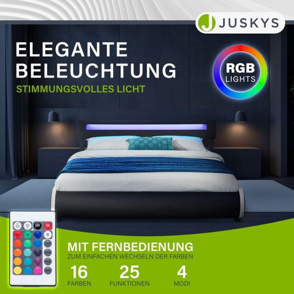 Juskys 'Sevilla' Polsterbett mit LED-Beleuchtung, Kunstleder, Schwarz, 180x200 cm, ohne Matratze Bild 3