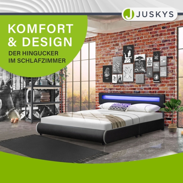 Juskys 'Sevilla' Polsterbett mit LED-Beleuchtung, Kunstleder, Schwarz, 180x200 cm, ohne Matratze Bild 7