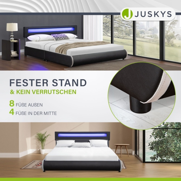 Juskys 'Sevilla' Polsterbett mit LED-Beleuchtung, Kunstleder, Schwarz, 180x200 cm, ohne Matratze Bild 8