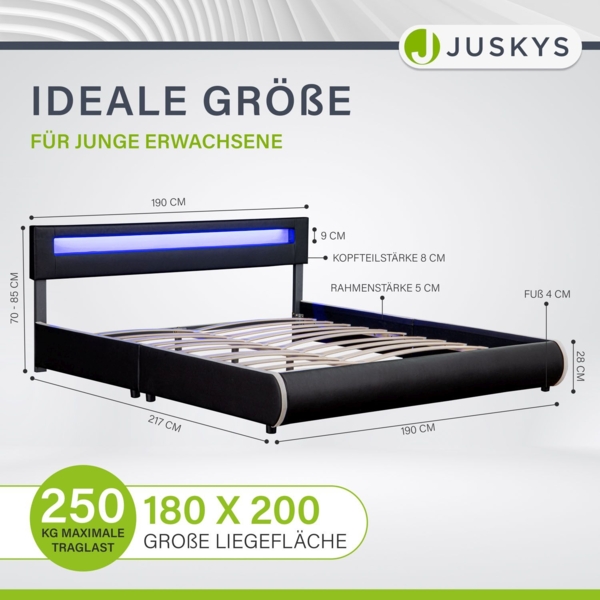 Juskys 'Sevilla' Polsterbett mit LED-Beleuchtung, Kunstleder, Schwarz, 180x200 cm, ohne Matratze Bild 5