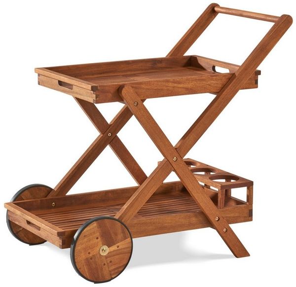 KHG Servierwagen aus Akazie-Massivholz braun auf Rollen, (Servierwagen mit 2 Ablagen, obere als Tablett nutzbar, Flaschenhalter, wetterfest geölt 51 x 76 x 81,5 cm)