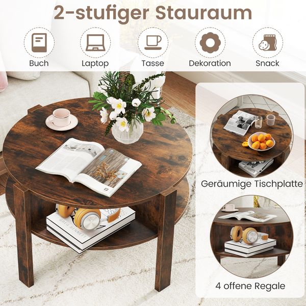 Couchtisch Rund mit Stauraum Wohnzimmertisch Holz mit 4 Regalen Kaffeetisch Beistelltisch für Wohnzimmer Braun