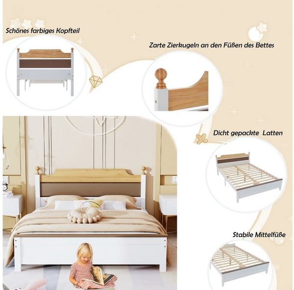 BlingBin Einzelbett Jugendbett (1-tlg, mit Kopfteil und Lattenroste), Bettgestell aus Kiefer, Elegante Dekoration, 140x200 cm